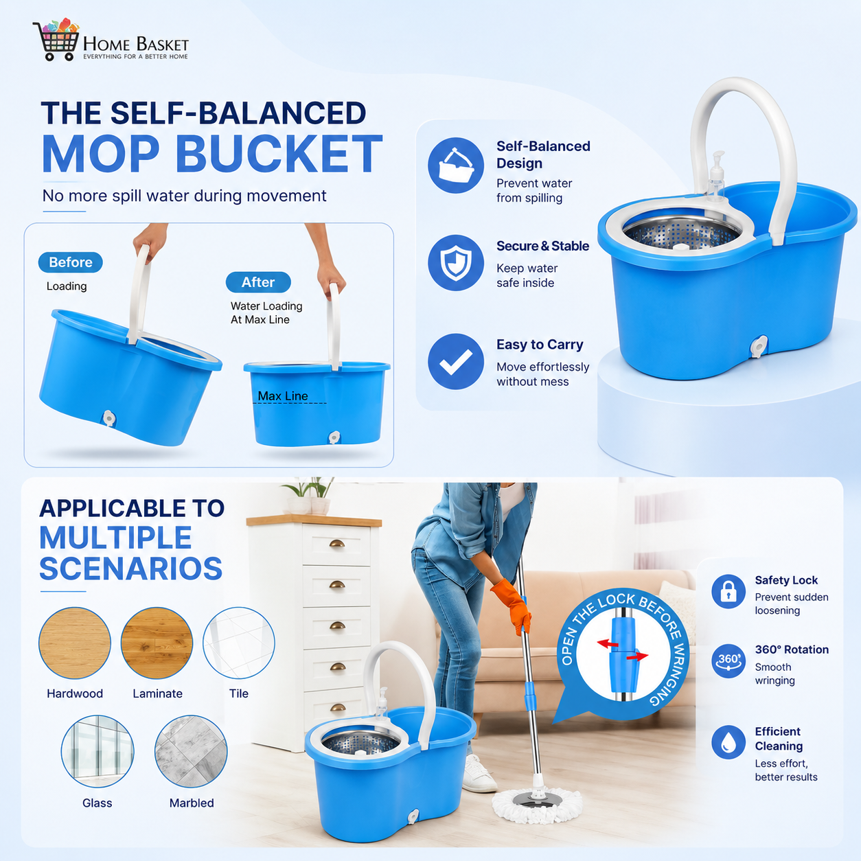 Premium Stainless Steel Spin Mop Set with Bucket — featuring a 360° rotating mop head, telescopic handle, microfiber refills, and an easy wringer system for smooth, efficient, and hassle-free cleaning.