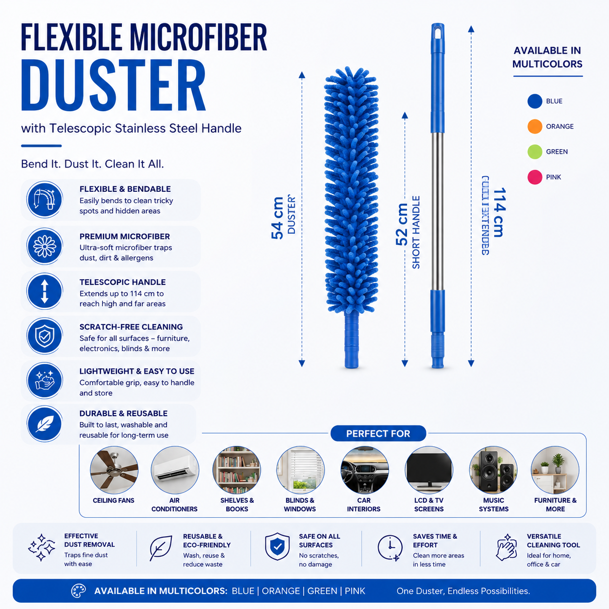 Flexible Microfiber Duster with Telescopic Stainless Steel Handle — designed to reach high corners, fans, shelves, and tight spaces effortlessly while trapping dust for a cleaner and fresher home.