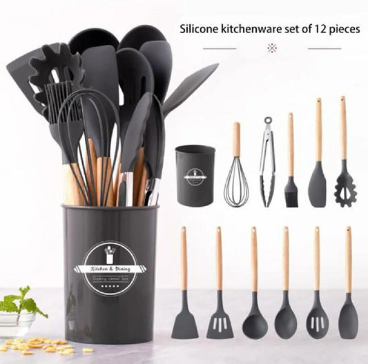 Silicone Kitchen Utensils Set 12 Pieces with Holder | Heat Resistant Non-Stick Cooking Tools | Wooden Handle Kitchenware Set