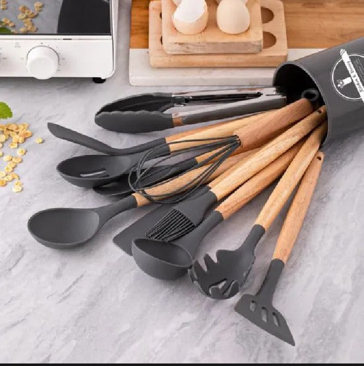 Silicone Kitchen Utensils Set 12 Pieces with Holder | Heat Resistant Non-Stick Cooking Tools | Wooden Handle Kitchenware Set