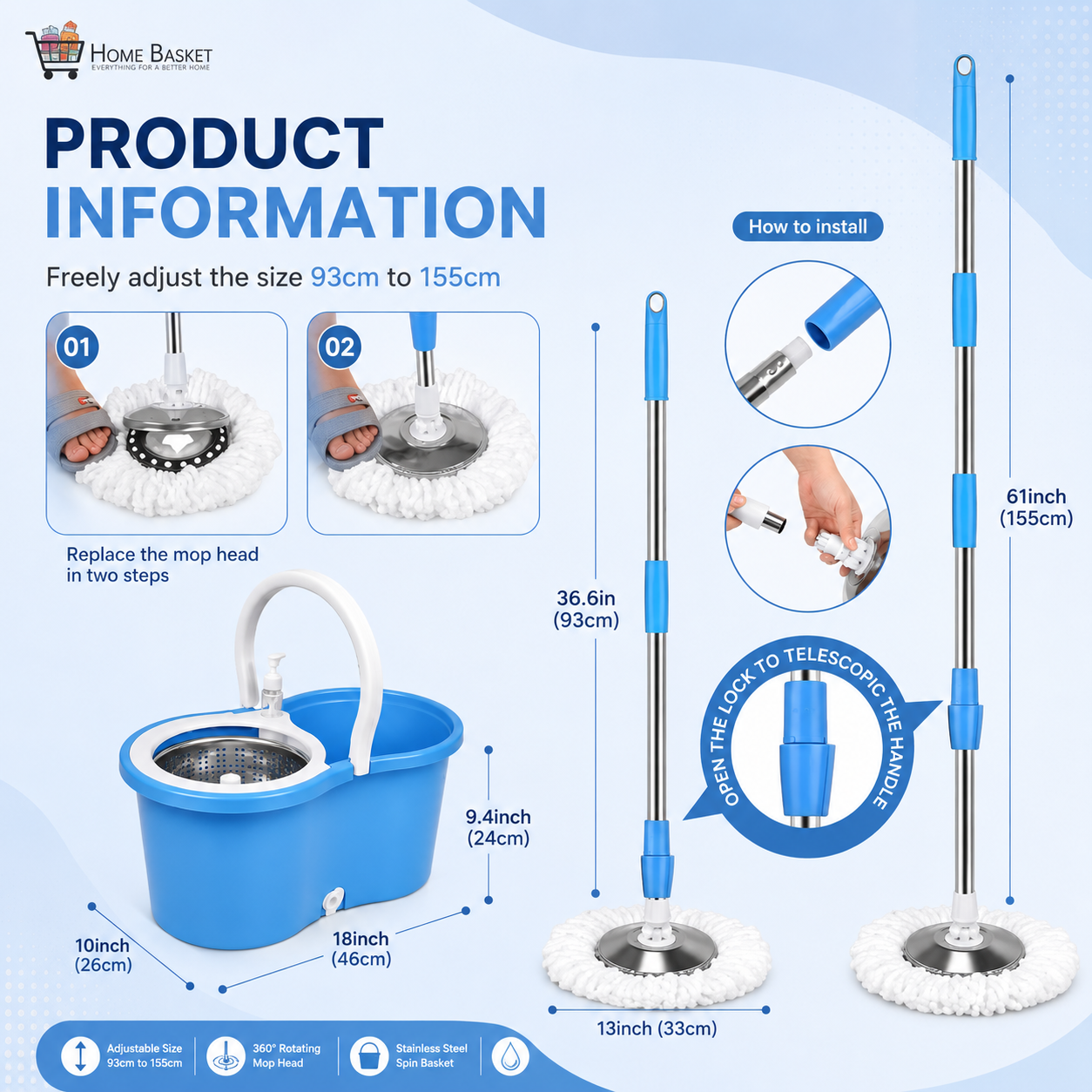 Premium Stainless Steel Spin Mop Set with Bucket — featuring a 360° rotating mop head, telescopic handle, microfiber refills, and an easy wringer system for smooth, efficient, and hassle-free cleaning.