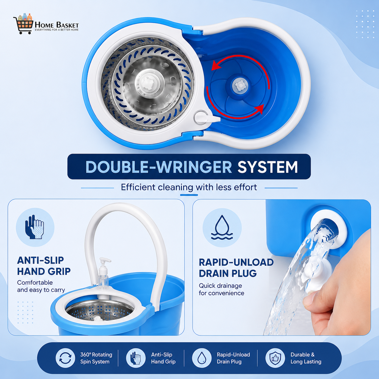 Premium Stainless Steel Spin Mop Set with Bucket — featuring a 360° rotating mop head, telescopic handle, microfiber refills, and an easy wringer system for smooth, efficient, and hassle-free cleaning.