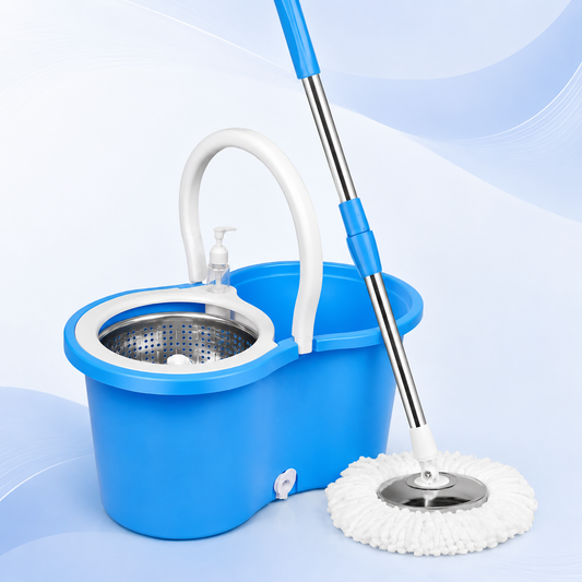 Premium Stainless Steel Spin Mop Set with Bucket — featuring a 360° rotating mop head, telescopic handle, microfiber refills, and an easy wringer system for smooth, efficient, and hassle-free cleaning.
