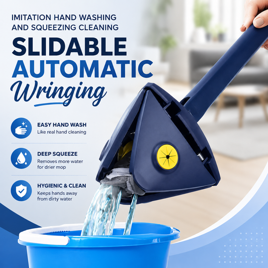 360° Rotating Triangle Mop with Adjustable Stainless Steel Handle — designed for effortless wet & dry cleaning, easy corner access, and smooth hands-free squeezing for a spotless home.