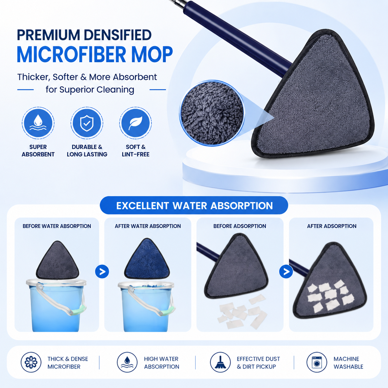 360° Rotating Triangle Mop with Adjustable Stainless Steel Handle — designed for effortless wet & dry cleaning, easy corner access, and smooth hands-free squeezing for a spotless home.