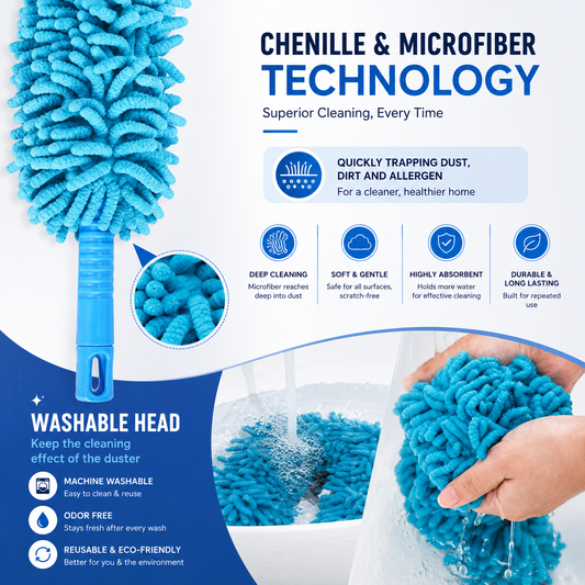 Flexible Microfiber Duster with Telescopic Stainless Steel Handle — designed to reach high corners, fans, shelves, and tight spaces effortlessly while trapping dust for a cleaner and fresher home.
