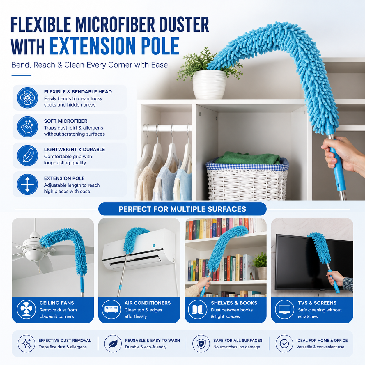 Flexible Microfiber Duster with Telescopic Stainless Steel Handle — designed to reach high corners, fans, shelves, and tight spaces effortlessly while trapping dust for a cleaner and fresher home.