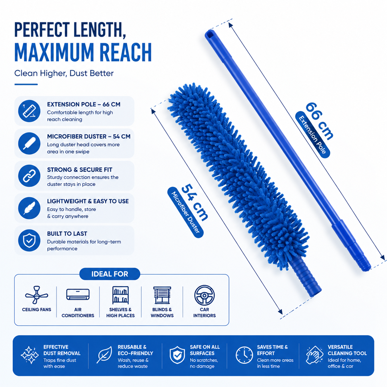 Flexible Microfiber Duster with Telescopic Stainless Steel Handle — designed to reach high corners, fans, shelves, and tight spaces effortlessly while trapping dust for a cleaner and fresher home.