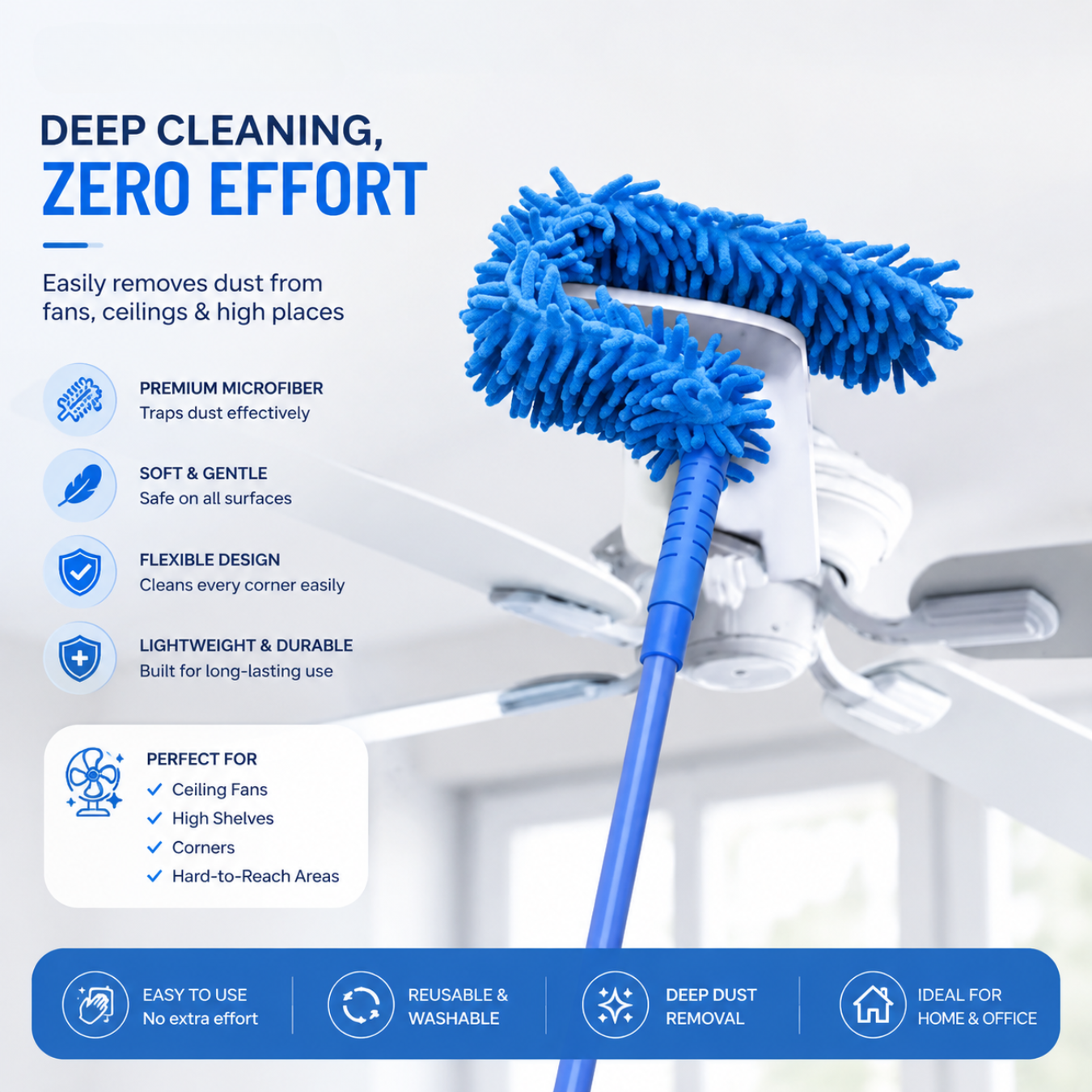 Flexible Microfiber Duster with Telescopic Stainless Steel Handle — designed to reach high corners, fans, shelves, and tight spaces effortlessly while trapping dust for a cleaner and fresher home.