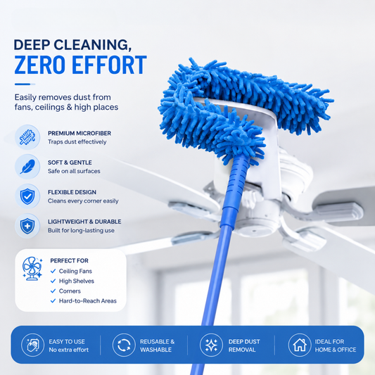 Flexible Microfiber Duster with Telescopic Stainless Steel Handle — designed to reach high corners, fans, shelves, and tight spaces effortlessly while trapping dust for a cleaner and fresher home.