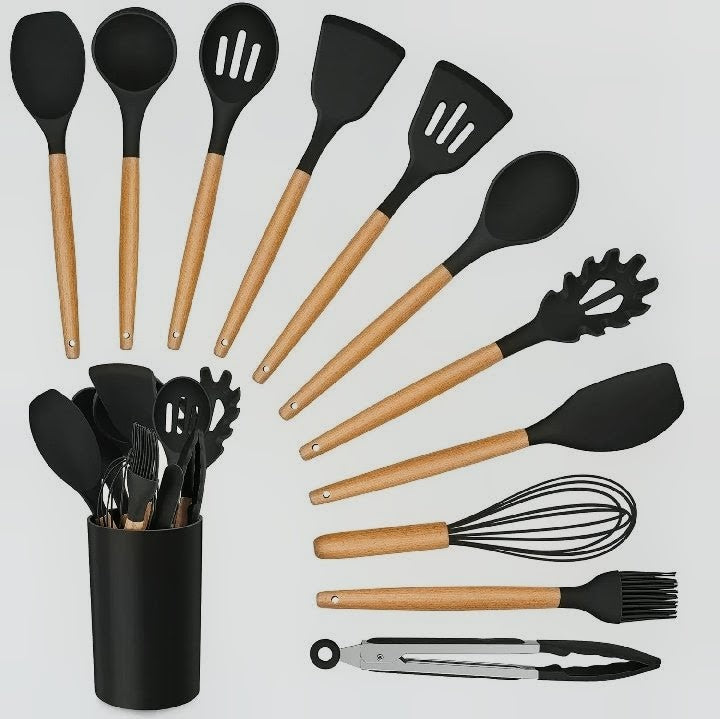 Silicone Kitchen Utensils Set 12 Pieces with Holder | Heat Resistant Non-Stick Cooking Tools | Wooden Handle Kitchenware Set