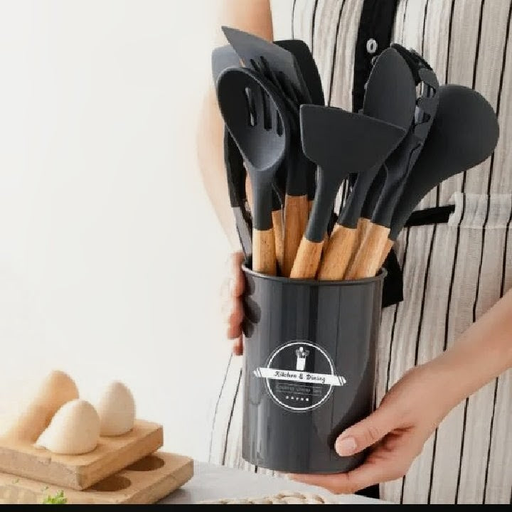 Silicone Kitchen Utensils Set 12 Pieces with Holder | Heat Resistant Non-Stick Cooking Tools | Wooden Handle Kitchenware Set
